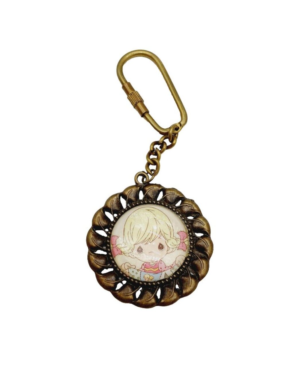 Vintage Precious Moments Keychain Girl Round Read Has Crazing